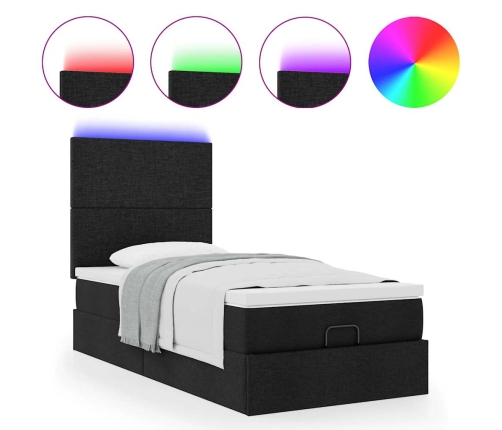 Cama otomana con colchón y luces LED tela negra 80x200cm