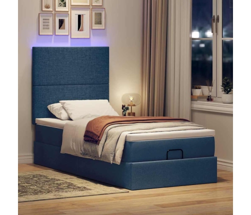 Estructura de cama otomana con colchón tela azul 80x200cm