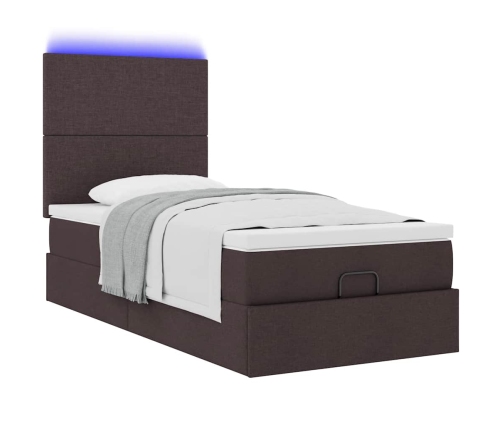 Cama otomana con colchón y LED tela marrón oscuro 90x200 cm