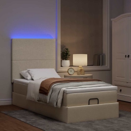 Cama otomana con colchón y luces LED tela crema 90x200 cm