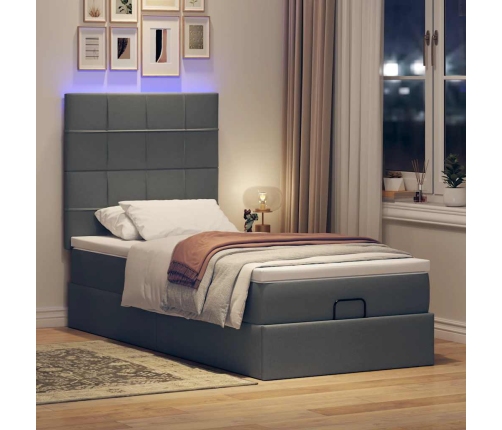 Cama otomana con colchón y LED tela gris oscuro 90x200 cm