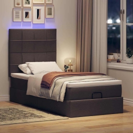 Cama otomana con colchón y LED tela marrón oscuro 90x200 cm