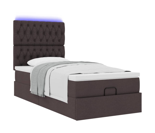 Cama otomana con colchón y LED tela marrón oscuro 90x200 cm