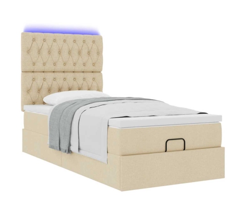 Cama otomana con colchón y luces LED tela crema 90x200 cm