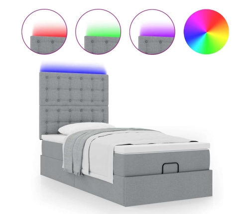 Cama otomana con colchón y LED tela gris claro 90x200 cm