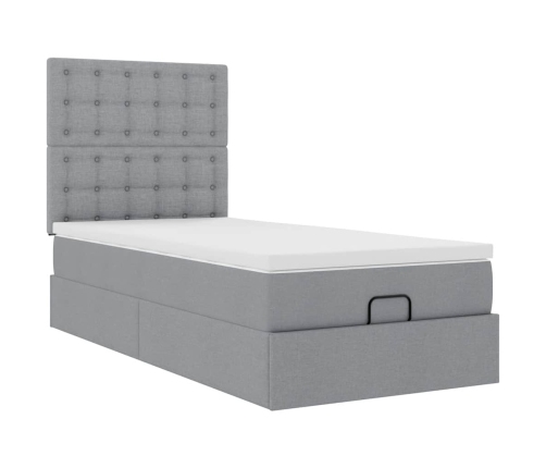 Cama otomana con colchón y LED tela gris claro 90x200 cm