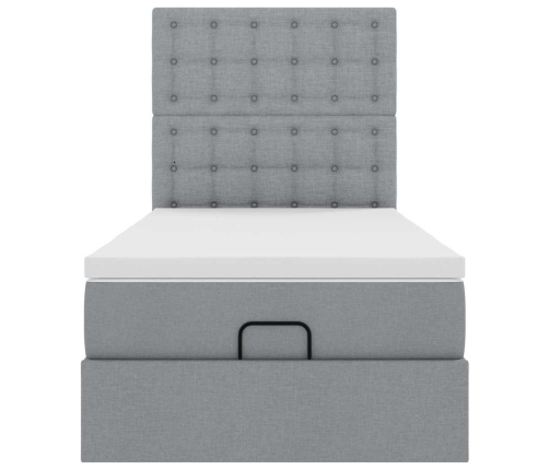 Cama otomana con colchón y LED tela gris claro 90x200 cm