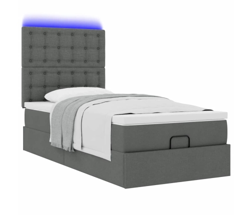 Cama otomana con colchón y LED tela gris oscuro 90x200 cm