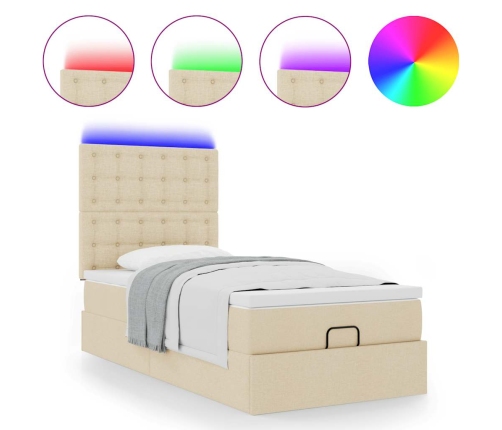 Cama otomana con colchón y luces LED tela crema 90x200 cm