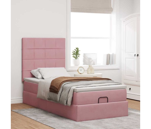 Estructura cama otomana con colchones terciopelo rosa 90x190cm