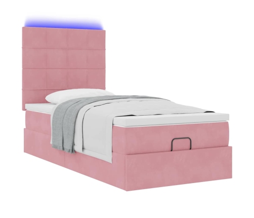 Estructura cama otomana con colchones terciopelo rosa 90x190cm