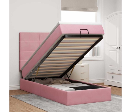 Estructura cama otomana con colchones terciopelo rosa 90x190cm