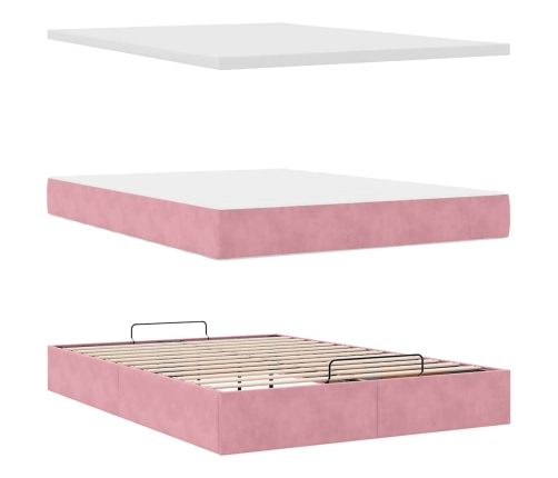 Estructura cama otomana con colchones terciopelo rosa 140x190cm