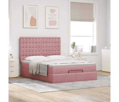 Estructura cama otomana con colchones terciopelo rosa 140x190cm