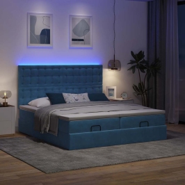 Cama otomana con colchones y luces LED azul oscuro 200x200 cm