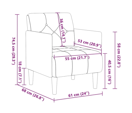 Sillón con reposabrazos de terciopelo marrón 55 cm