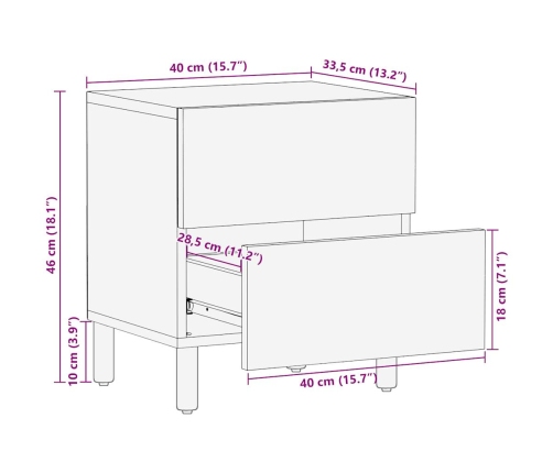 Mesita de noche madera maciza mango rugosa negro 40x33,5x46 cm