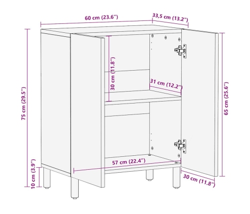 Aparador de madera maciza de mango rugosa 60x33,5x75 cm