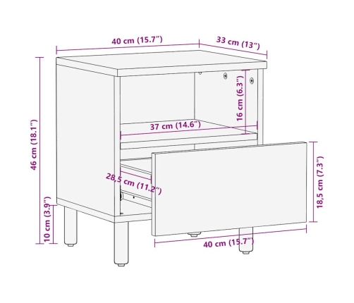 Mesita de noche madera maciza de mango rugosa negro 40x33x46 cm