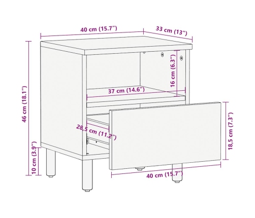 Mesitas de noche 2 uds madera mango rugosa negro 40x33x46 cm