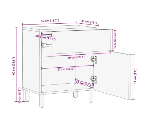 Mesita de noche madera maciza de mango rugosa negro 50x33x60 cm