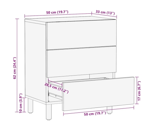 Mesita de noche madera maciza de mango rugosa negro 50x33x62 cm