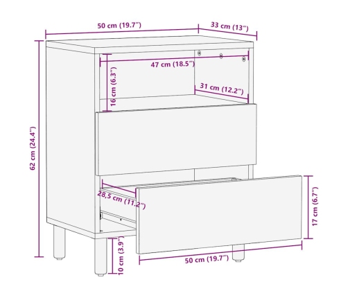 Mesita de noche madera maciza de mango rugosa negro 50x33x62 cm