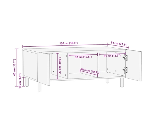 Mesa de centro madera maciza de mango rugosa negro 100x54x40 cm