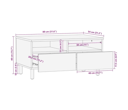 Mesa de centro madera maciza de mango rugosa negro 80x54x40 cm