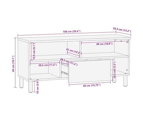 Mueble de TV madera maciza de mango rugosa negro 100x33,5x46 cm