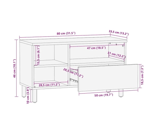 Mueble de TV madera maciza de mango rugosa negro 80x33,5x46 cm