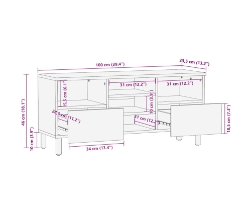 Mueble de TV madera maciza de mango rugosa negro 100x33,5x46 cm