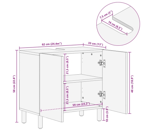 Armario de lavabo de baño madera maciza mango negro 62x33x58 cm