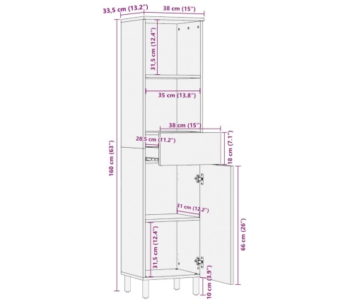 Mueble de baño madera maciza de mango 38x33,5x160 cm