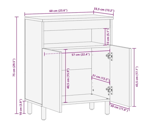 Aparador de madera maciza de mango rugosa 60x33,5x75 cm