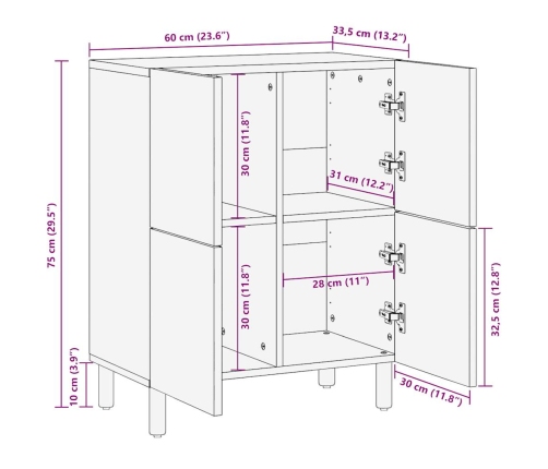 Aparador de madera maciza de mango rugosa 60x33,5x75 cm