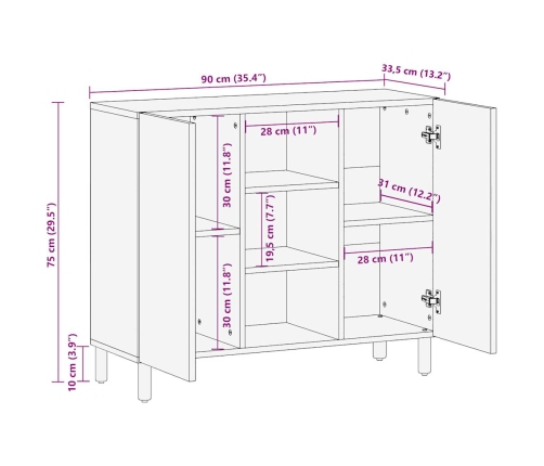 Aparador de madera maciza de mango rugosa 90x33,5x75 cm