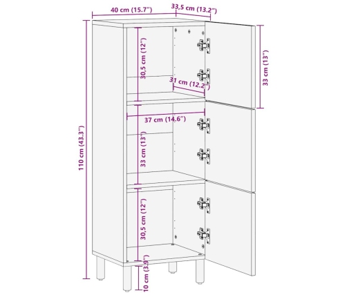 Aparador de madera maciza de mango rugosa 40x33,5x110 cm
