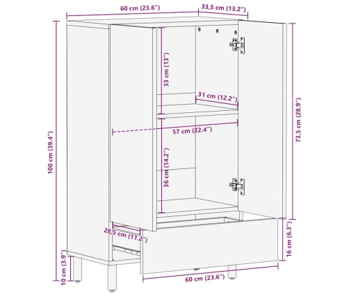 Aparador de madera maciza de mango rugosa 60x33,5x110 cm