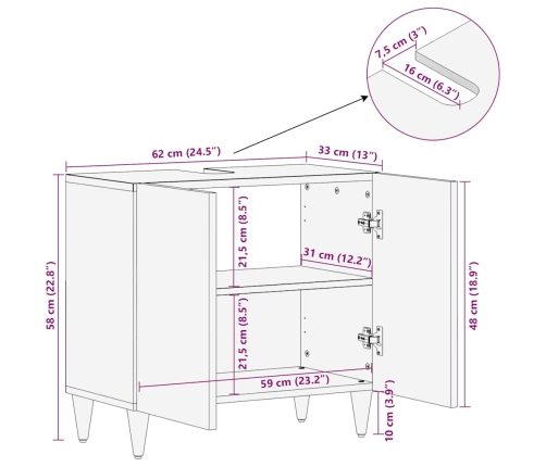 Armario de lavabo para baño madera maciza de mango 62x33x58 cm