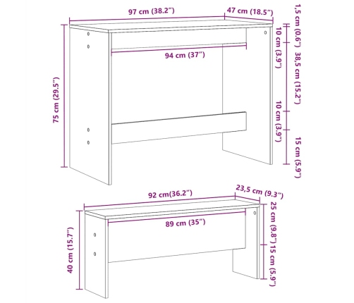 Mesa y bancos de comedor 3 pzas madera ingeniería roble marrón