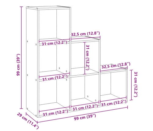 Librería divisor 3 niveles madera gris hormigón 99x29x99 cm