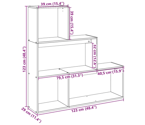 Librería divisora 3 niveles madera gris hormigón 123x29x123 cm