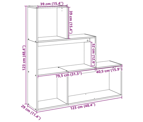 Librería divisora 3 niveles madera roble ahumado 123x29x123 cm