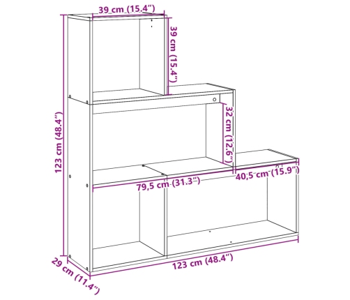 Librería divisora 3 niveles madera gris Sonoma 123x29x123 cm