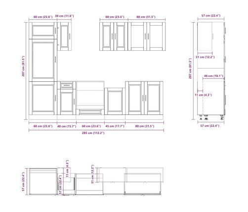 Mueble de cocina Kalmar negra 8 piezas madera contrachapada