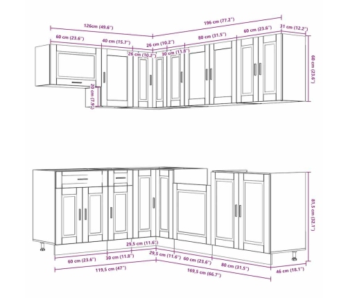 Mueble cocina Porto roble marrón 11 pzas madera contrachapada