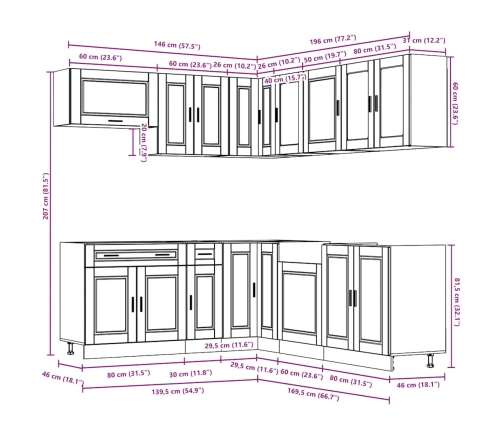 Mueble cocina Porto roble marrón 11 pzas madera contrachapada