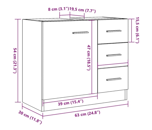 Armario para lavabo contrachapada gris hormigón 63x30x54 cm