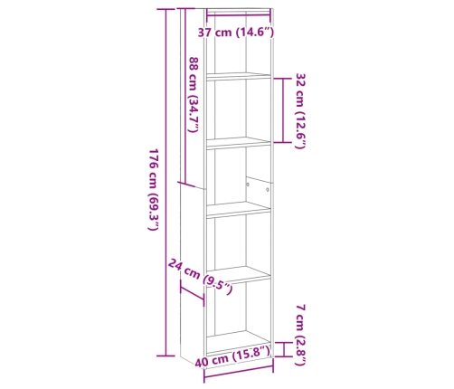 Estantería de madera de ingeniería negra 40x24x176 cm